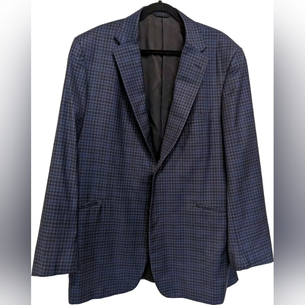 TOM JAMES EXECUTIVE Navy Blue Grey Silk Check Plaid Sport Coat Jacket 50R